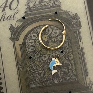 14kt solid yellow gold blue dolphin charm huggie endless hoop earring single 1pc